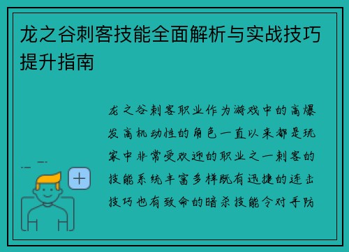 龙之谷刺客技能全面解析与实战技巧提升指南